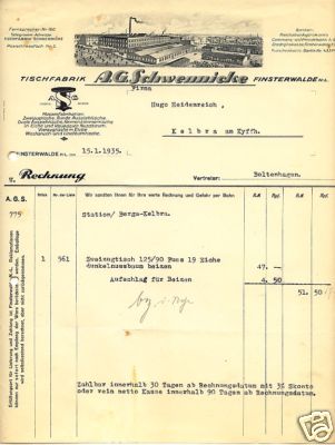 FINSTERWALDE N.-L., Rechnung 1935, Tisch-Fabrik A. G. Schwennicke