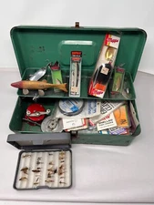 Vtg USA Liberty Steel Chest Tackle Box 12" Fishing Craft Money Well Used w/Tack