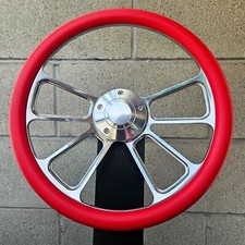 14 Cnc Billet 4 Spoke Steering Wheel With Red Vinyl Half Wrap And Plain Horn