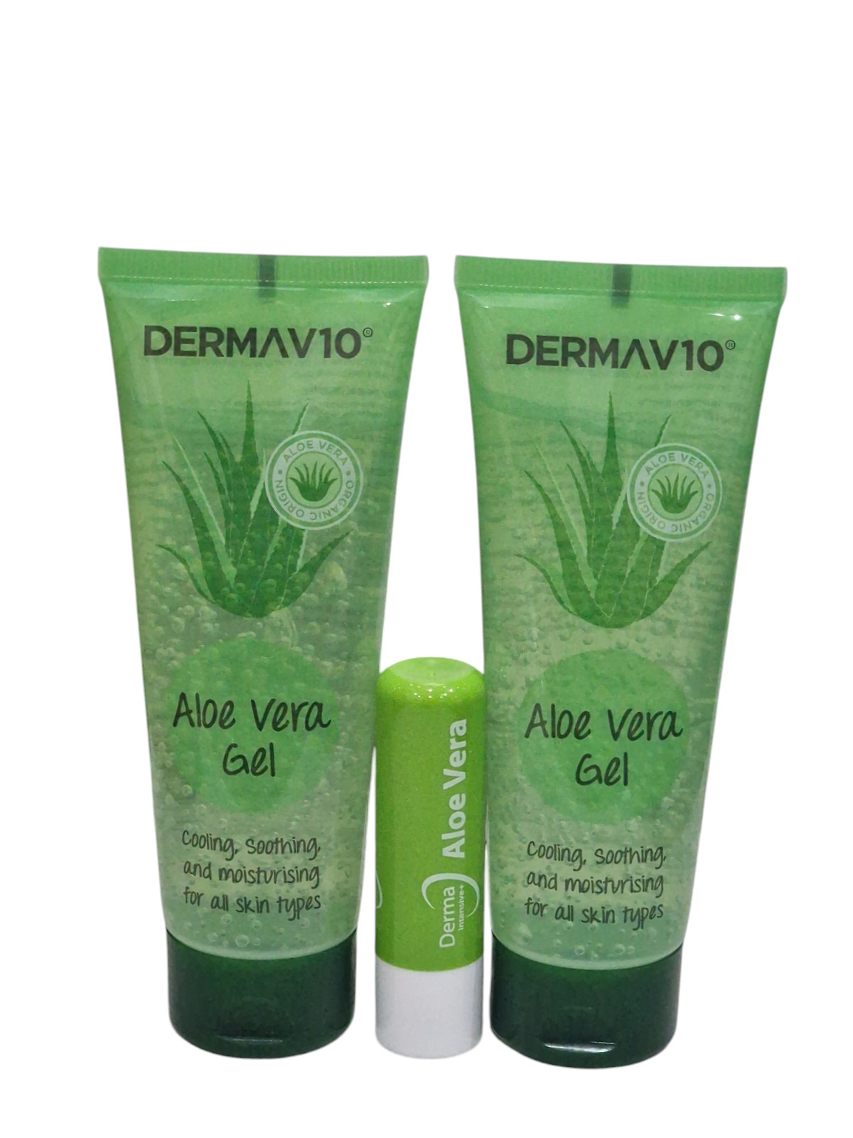Derma V10 Aloe Vera Gel Non Sticky Cooling Soothing 2x 75ml With Lip Balm