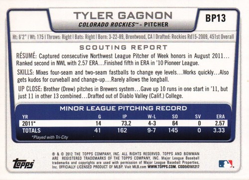 2012 Bowman Prospects Purple #BP13 - Tyler Gagnon - Colorado Rockies 12-334 - Picture 2 of 2