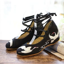 Women Canvas Lace Up Strappy Ballet Flats Ladies Cotton Fabric Embroidery Shoes