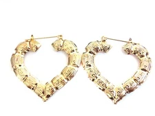 BAMBOO HEART GOLD OR SILVER TONE HOOP EARRINGS 2 INCH HOOP EARRINGS FULL SIDES