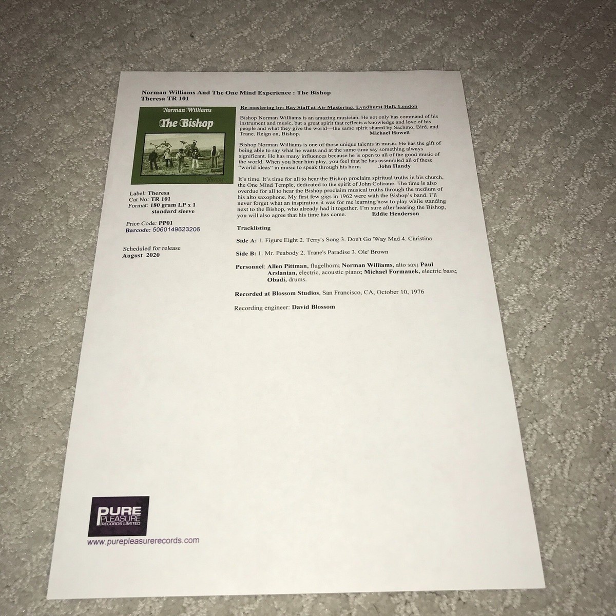 TEST PRESSING Norman Williams - The Bishop Vinyl Theresa Records