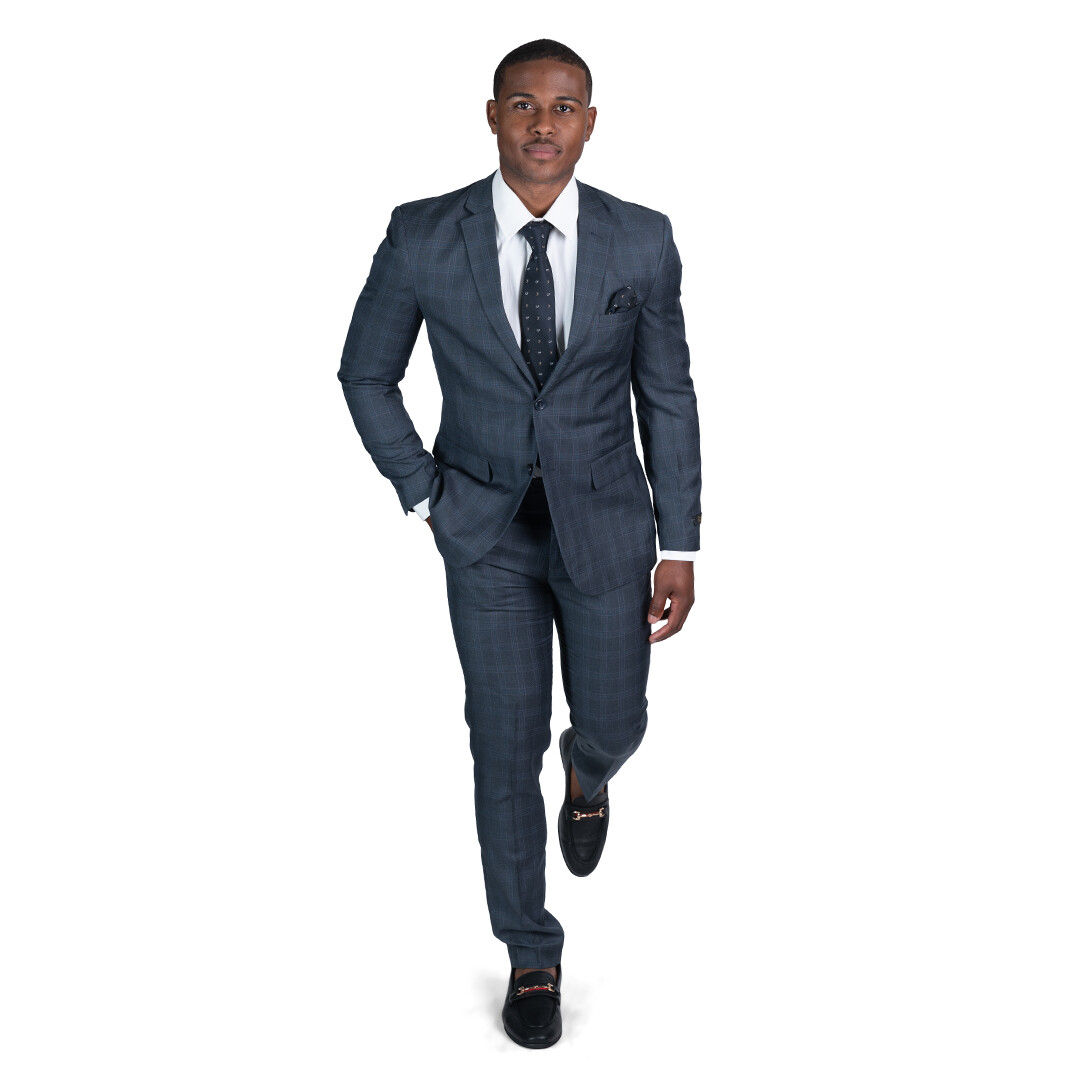 Slim Fit Charcoal Windowpane Plaid 2 Button Notch Lapel Mens Suit 18335