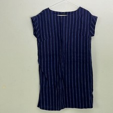 Tahari Womens Small Navy Blue Striped 100% Linen Shift Dress Cap Sleeve Casual