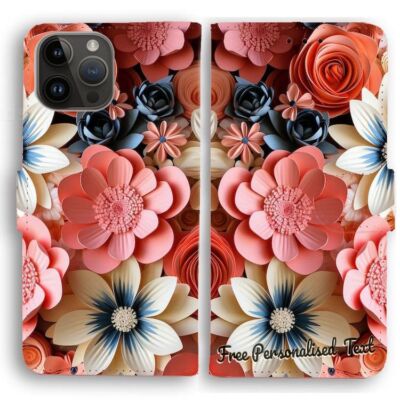 Personalised Text Phone Case For Apple iPhone Mobile - Flower Theme Flip Cover