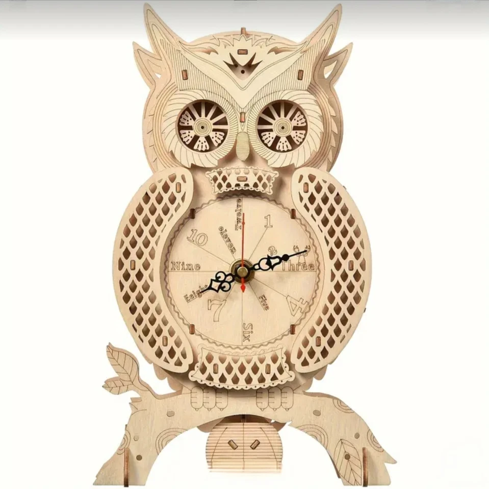 Vintage Clock Wooden 3D kit Night Owl wagging tail Puzzle DIY Jigsaw Book Nook - Image 3 of 4