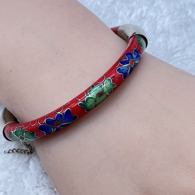 Vintage Red Cloisonne Bracelet Hinged Bangle Multicolor Flowers Broken Chain