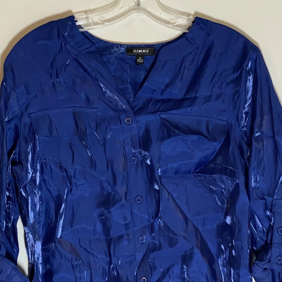 Elementz Top Womens Medium Blue Iridescent Roll Tab Button Up Shirt Sparkle Glam - Image 2 of 4