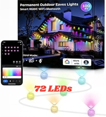 100FT Smart Permanent Outdoor Eaves Lights 72 LEDs RGB IC Bluetooth APP Control