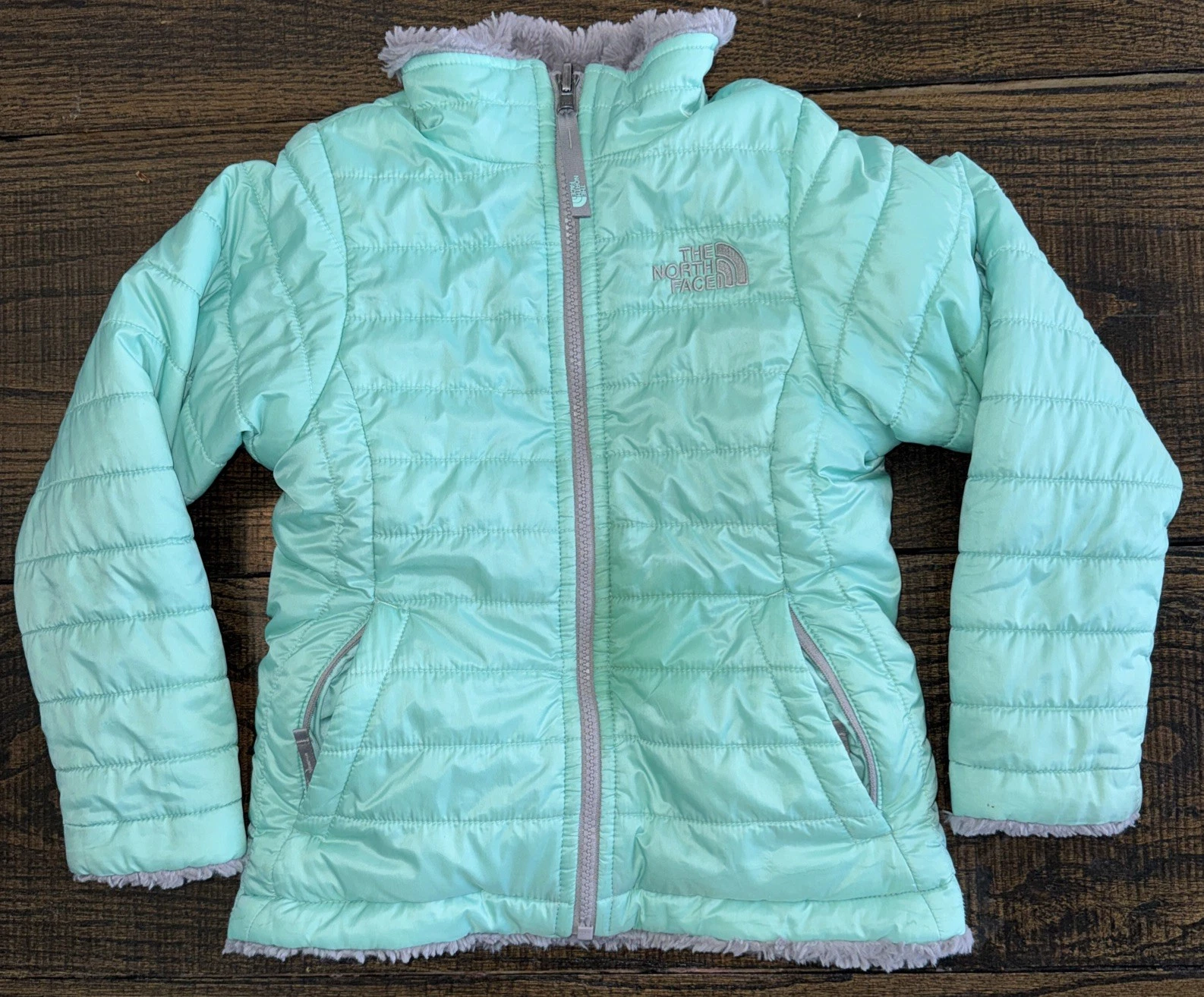 The North Face Blue Teal Gray Reversible Coat Youth Size 6 XS Warm Lined Mossbud