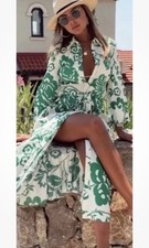 Zara Green White ecru Floral Poplin Belted Midi Shirt Dress Bloggers Size L 