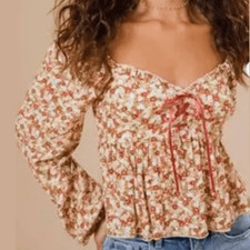 Altar'd State brick red blush pink floral crop long sleeve lace up corset top S