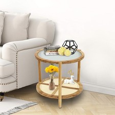 Round Coffee Table,Wood Living Room Table 2 Tiers Indoor End Table Free Standing
