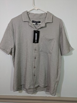 Rustic Souls Mens Sz M Textured Striped Shirt Button Up Side Pocket Beige White