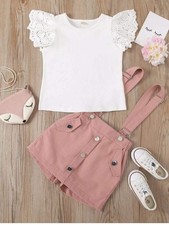 Children's Lace Sleeve Top Suspender Skirt Set