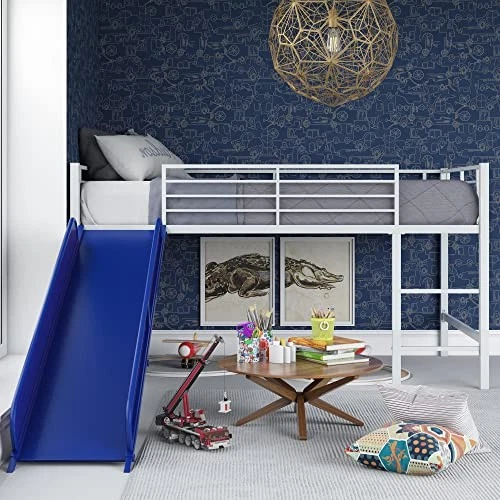 Cama tipo loft DHP Junior doble de metal con tobogán, multifuncional - PLATEADO/AZUL Foto 3 de 4