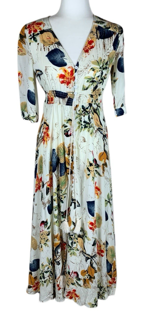 Women's Ivory Floral Short Sleeve Button Up Maxi Dress Size M Boho Fairy Cottage