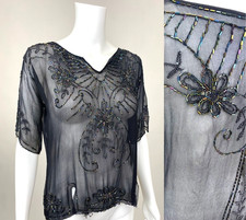 Vintage 1960s Black Silk Chiffon Floral Iridescent Beaded Short Sleeve Blouse
