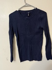 GAP Stretch Women s Round Neck Solid Sweater Small Navy Blue Ribbed