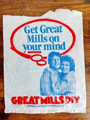 Vintage Great Mills Plastiktragetasche zum Selbermachen 1980er Retro UK High Street Requisite Memo