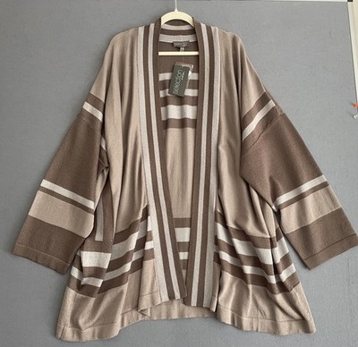 NWT Selection by Ulla Popken Women 28/30 Open Cardigan Taupe Stripe Thanksgiving