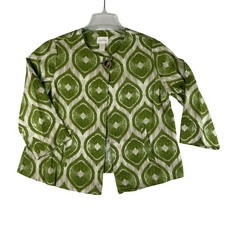 Chico's Jacket Womens 0 Green Linen Ikat Geometric Collarless Pockets 3/4 Sleeve