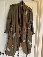 Mm Vintage Womens Large Army Green Feather 100% Cotton Open Coat