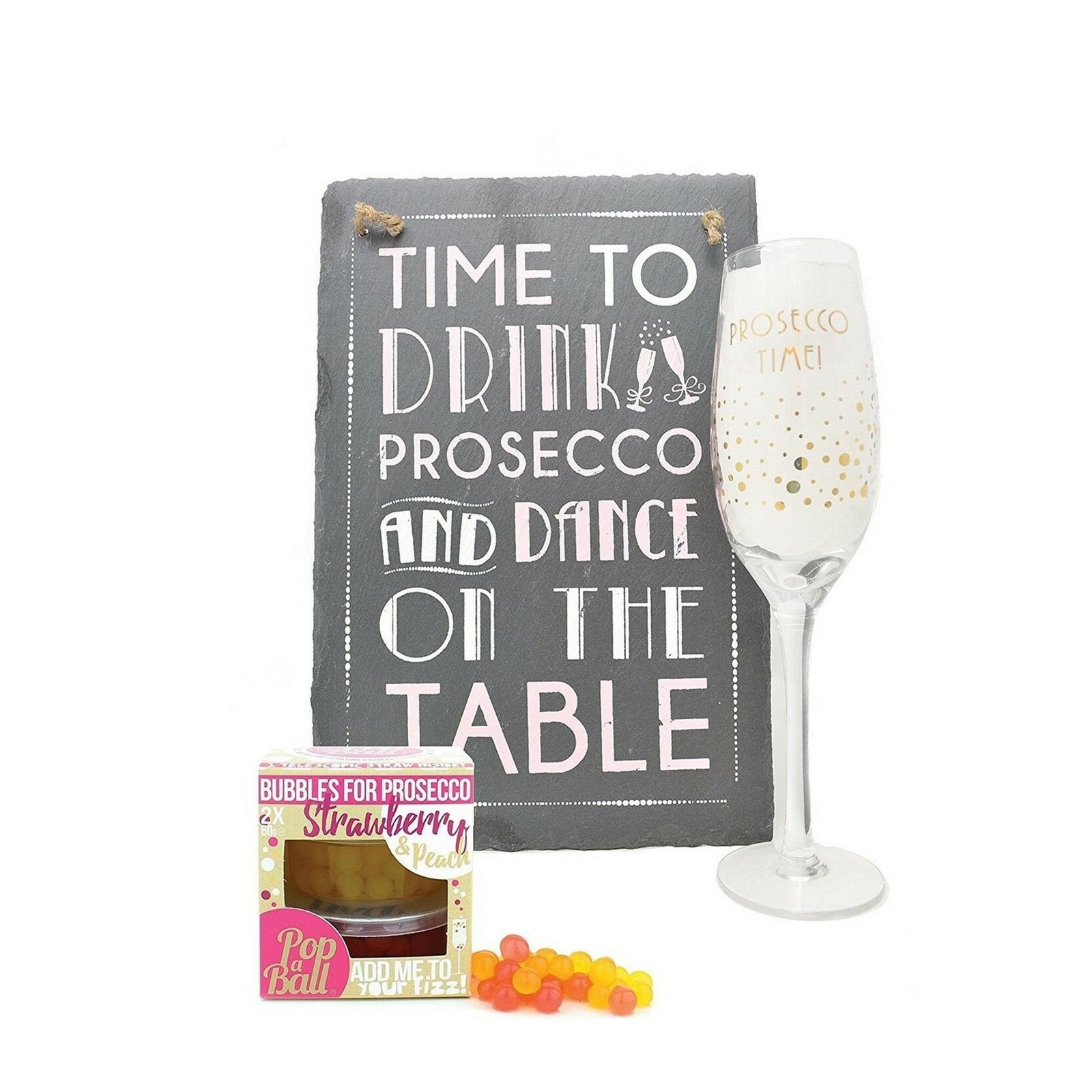 Glass & Slate Plaque Prosecco Dance On The Table & Duo Strawberry Peach Popaball