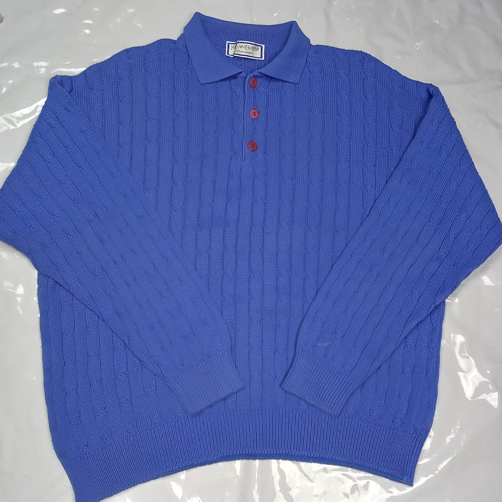 Yves Saint Laurent Maglia Maglione Pullover Cotone Bottoni Maglione Uomo Blu Taglia 54