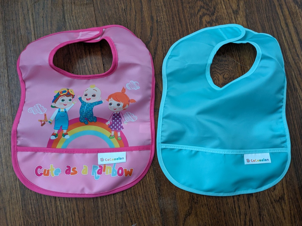 Cocomelon Bibs 2-Pack Pink Cute As A Rainbow Crumb Pocket Water