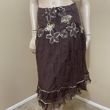 Women  s Brown Silk Casual Beaded Embroidered Ruffle Zipper Size S 4-6 Skirt