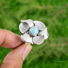 Natural Larimar Gemstone Promise Flower Blue Adjustable Ring 925 Sterling Silver