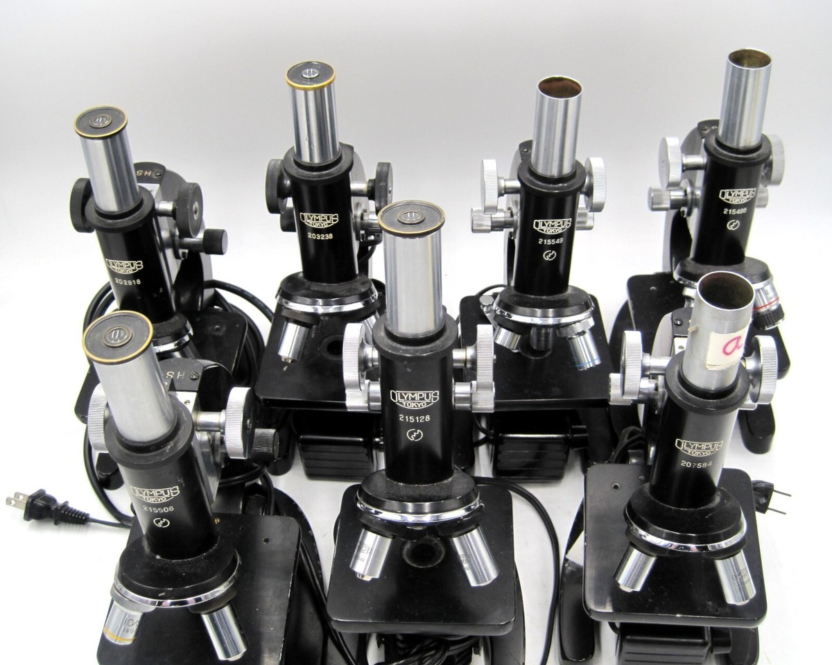 Lot of 7 - Vintage Olympus Microscopes Made Japan HS W/Objectives+