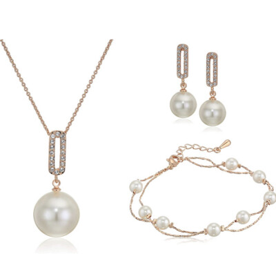 Crystalline Azuria Simulated White Pearls Earrings Necklace Bracelet Rose Gold
