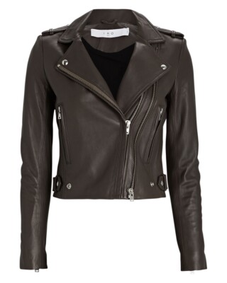 IRO Women's Dylan Cropped Leather Moto Jacket Khaki Brown Size 34 / US 0-2 NEW