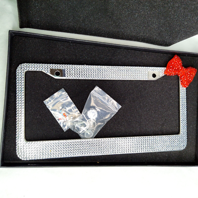 Clear Crystal Bling License Plate Frame - 7 Rows Of Diamonds With Bow Tie Corners