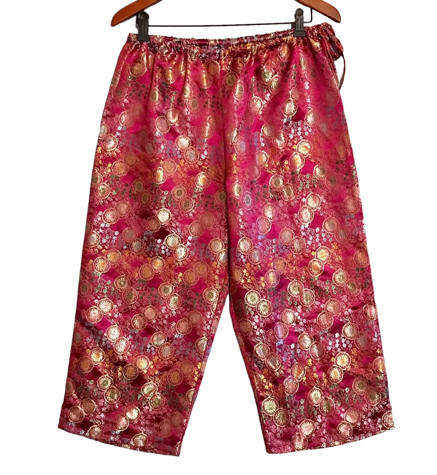 Alfred Sung Embroidered Capri Pants Drawstring Wide Leg Asian Print Women’s Sz M
