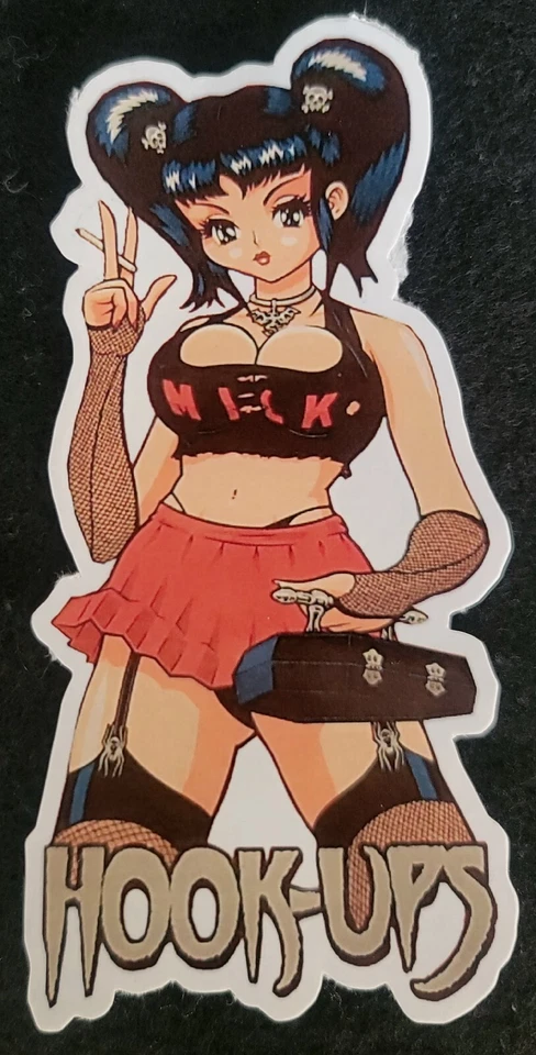 HOOK-UPS HOOK UPS STICKER VINTAGE "GOTHIC COFFIN BIG BOOBS & A SMOKE" 1/2 X 5 1/8" GLOSSY