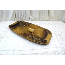 Large VTG Carved Wooden Bread Platter with Ears of Corn Signed, Retro Wood Tray