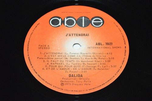 DALIDA J'attendrai LP 1975 Able Records Canada ABL-7027 VG/VG+ Pop Chanson - Picture 3 of 4