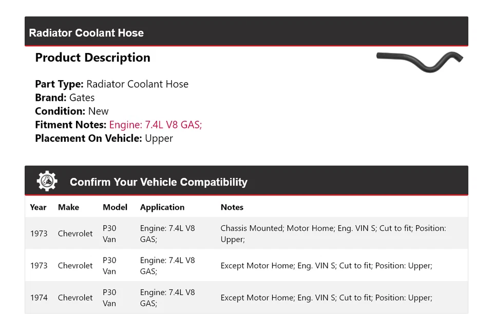 Для 1973-1974 Chevrolet P30 Van 7,4 л V8 газовый радиатор шланг охлаждающей жидкости верхние ворота - Изображение 2 из 4