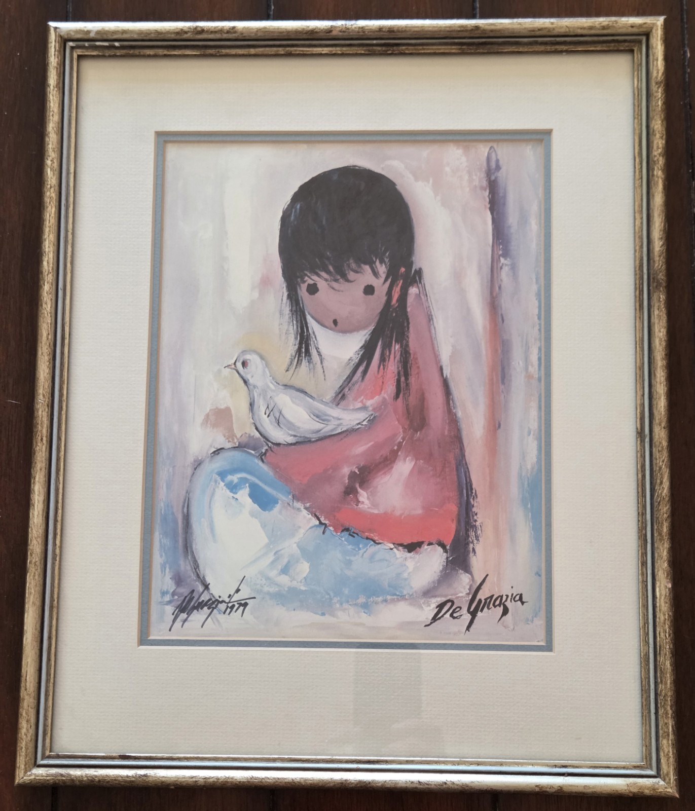 Ted DeGrazia Hand Signed Print "The White Dove" Framed Art 17.5x14.25