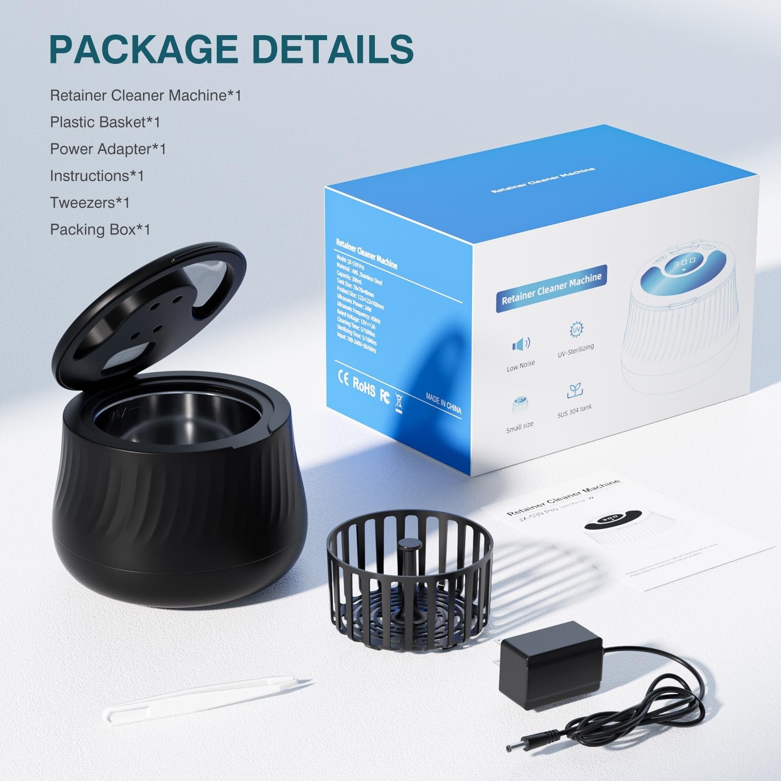 Ultrasonic Retainer Cleaner Machine- 45kHz Denture Cleaner, 200ML Dental Clea...