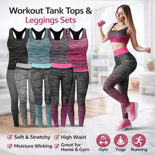 Womens Gym Workout Set 2 Pcs Vest Top and Leggings Yoga Running Fitness