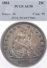 1884 25C PCGS AU50 Seated Liberty Silver Quarter - Low Mintage 8000 Toned