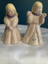 2 Vintage Kay Finch Praying Angel Figurines, California Pottery Pink Blue Wings