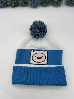 Men's Adventure Time Blue Beanie Finn Embroidered Knit Cap PomPom Cuff Hat Adult