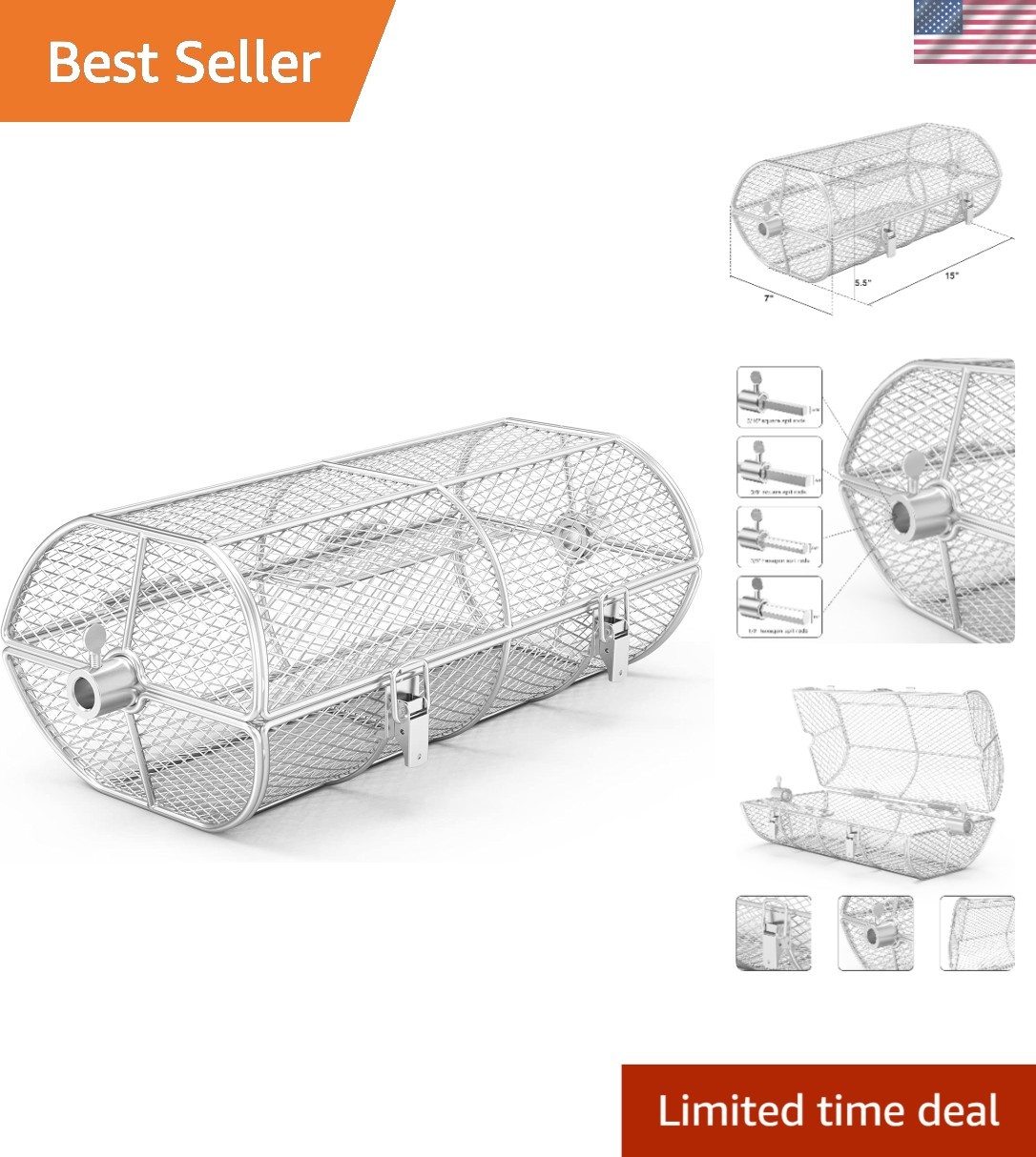 Universal Stainless Steel Rotisserie Grill Basket - Perfect for Fries & More